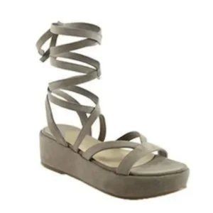 NWOB Womens Klik Taupe Strappy Ankle Tie Wedge Sandals 38.5 US/8.5 *